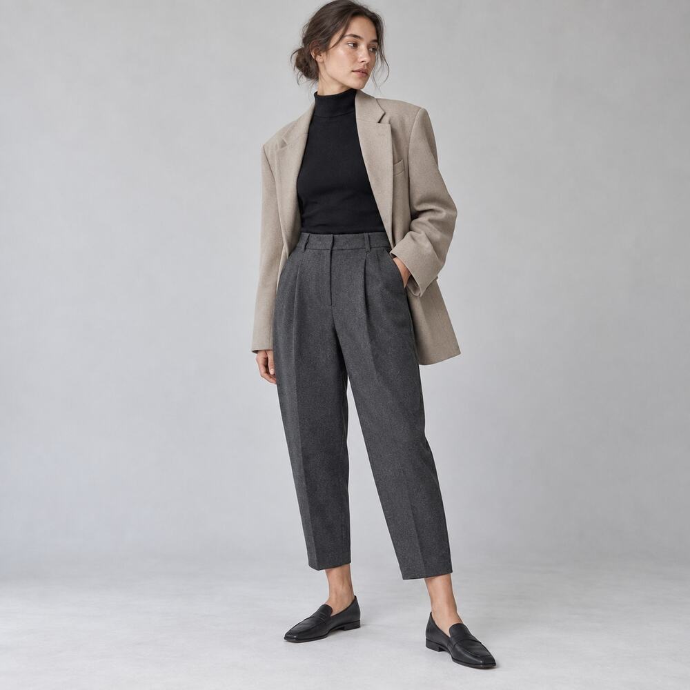 Comptoir des Cotonniers Wool Blend Tapered Cropped Pleated Banana Trousers L